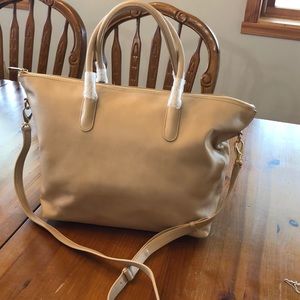 Cuyana sand color leather crossbody satchel